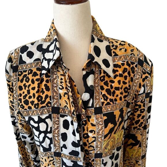 Vintage Animal Print Pattern Block Long Sleeve Silk Blouse - Picture 2 of 7
